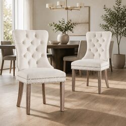 Dining Chairs Set of 2 Beige Velvet Button Tufted Backrest Kitchen Furniture