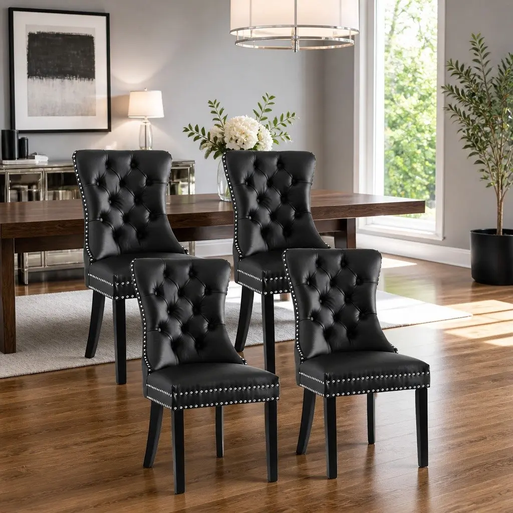 Dining Chairs Set of 4 Black PU Leather Button Tufted Kitchen Seating Furniture