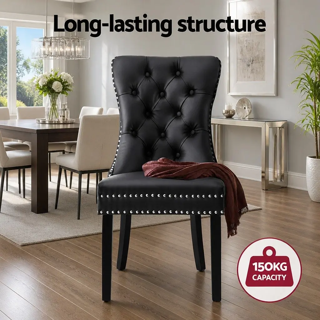Dining Chairs Button Tufted Black PU Leather Cushioned Set of 4