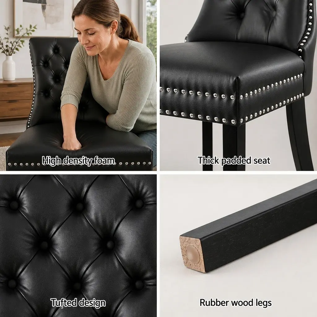 Dining Chairs Button Tufted Black PU Leather Cushioned Set of 4