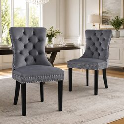Dining Chairs Set of 2 Grey Velvet Button Tufted Upholstered Kitchen Seating