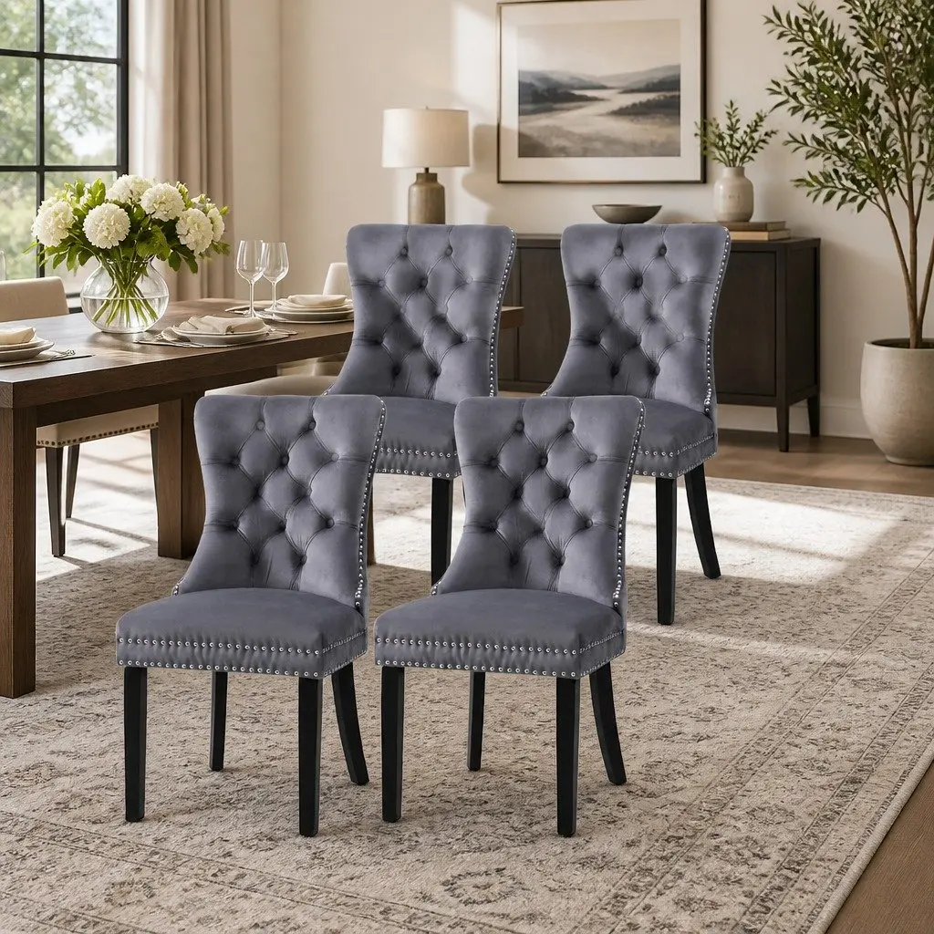 Dining Chairs Velvet Button Tufted Grey Set of 4