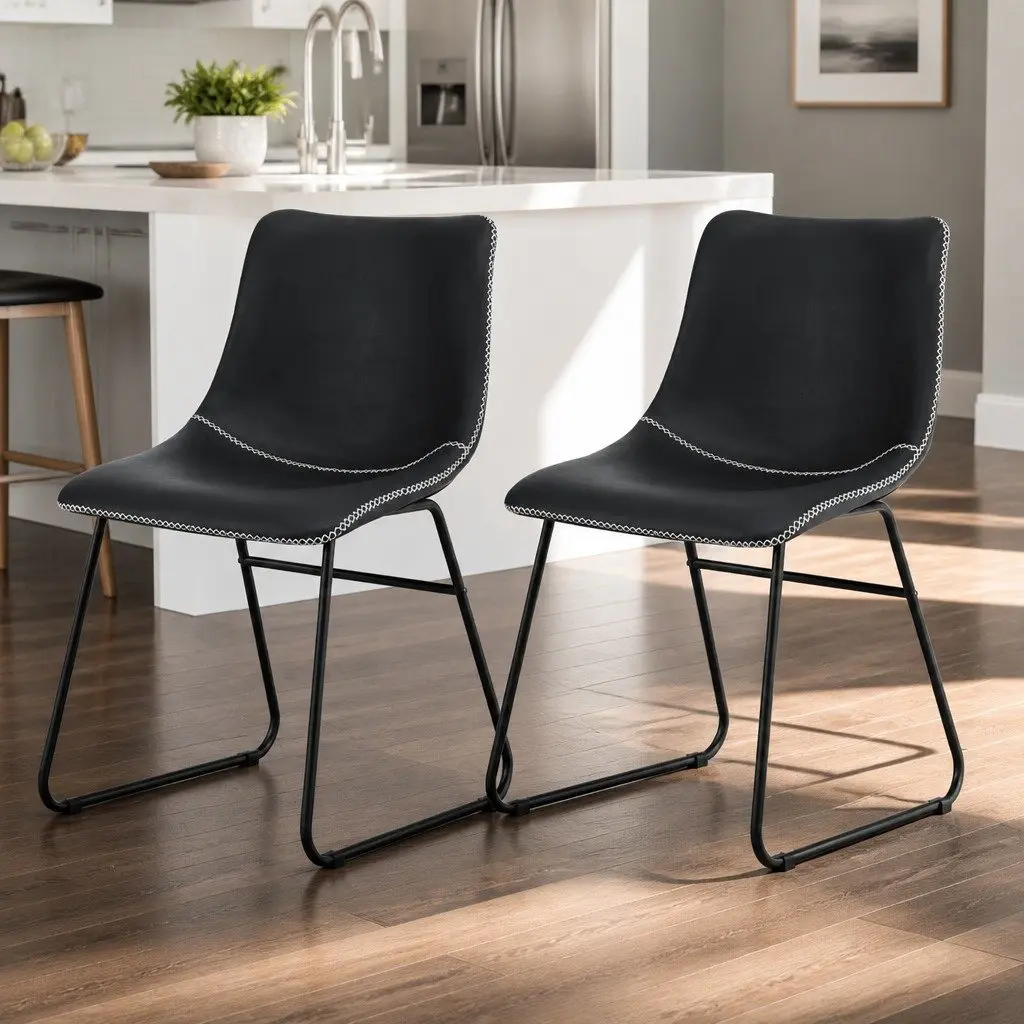 Dining Chairs Black Retro Kitchen Lounge Accent Seats Curved Backrest Padded x2