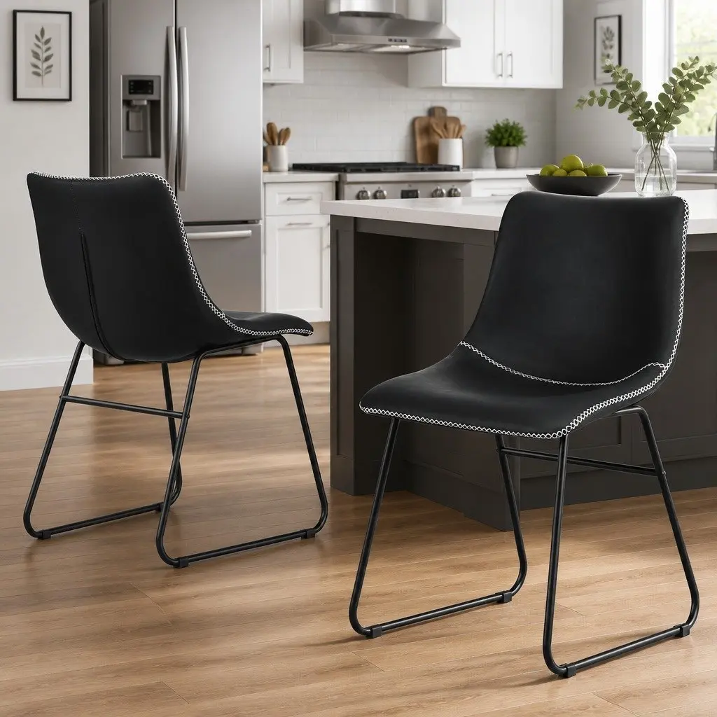 Dining Chairs Retro Curved Backrest Padded Black