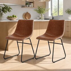 Dining Chairs Retro Kitchen Lounge Accent Seat Brown PU Leather Sled Legs x2