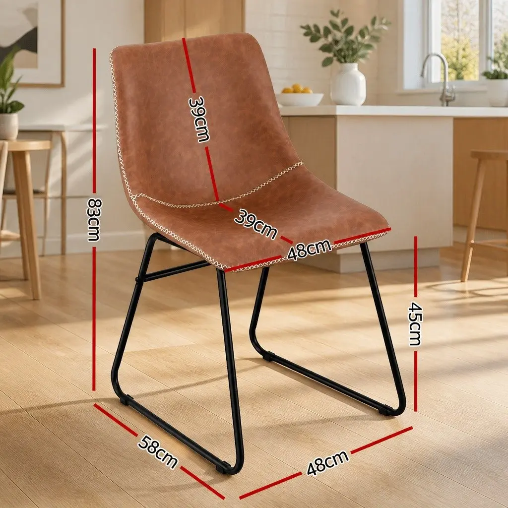 Dining Chairs Retro Kitchen Lounge Accent Seat Brown PU Leather Sled Legs x2
