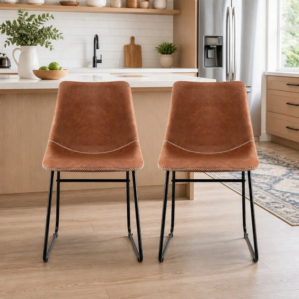 Dining Chairs Retro Kitchen Lounge Accent Seat Brown PU Leather Sled Legs x2