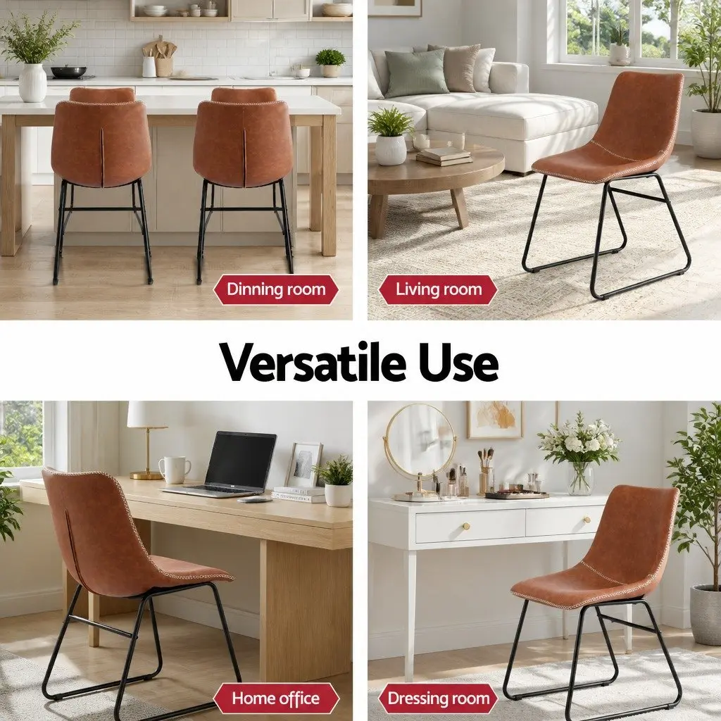 Dining Chairs Retro Kitchen Lounge Accent Seat Brown PU Leather Sled Legs x2