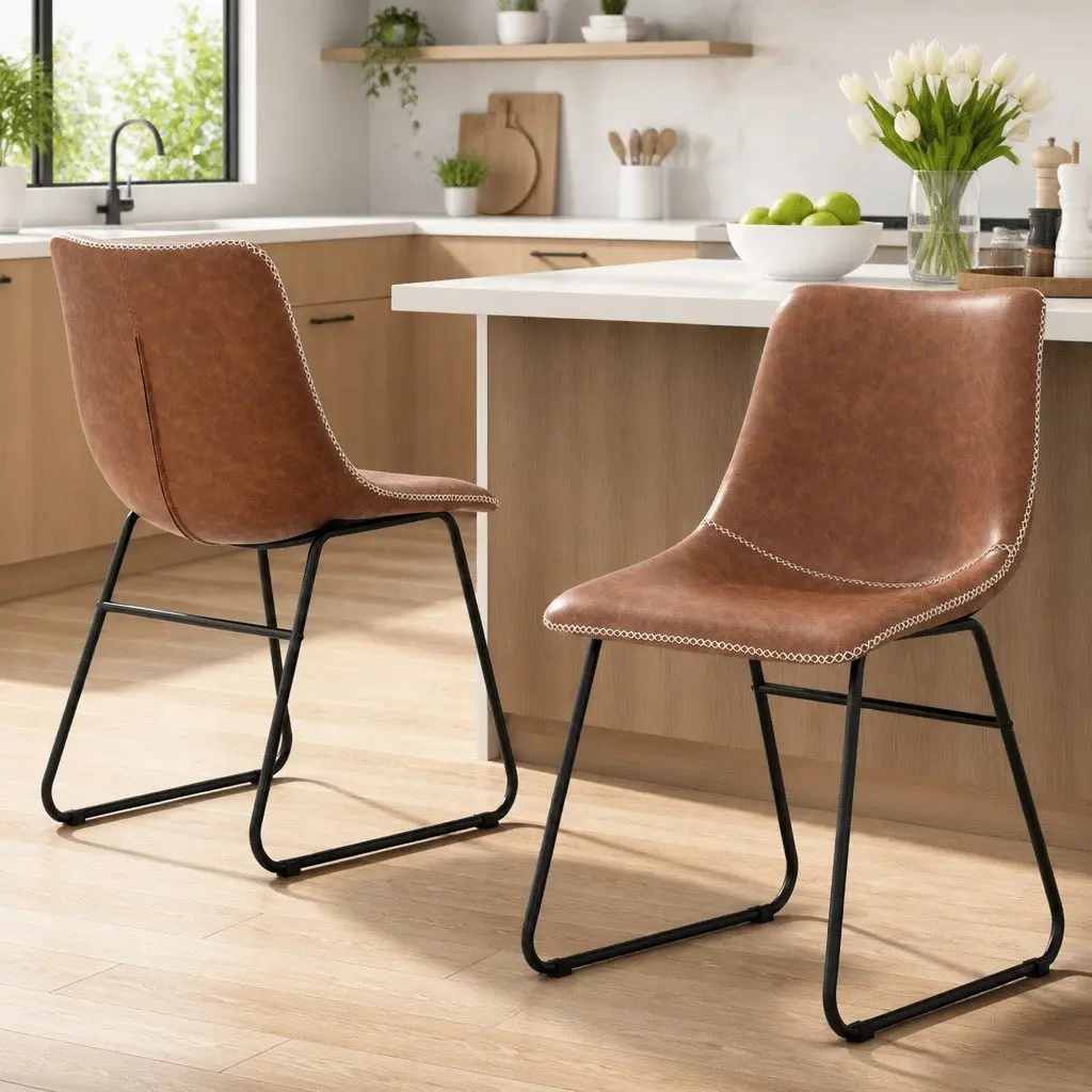 Dining Chairs Retro Kitchen Lounge Accent Seat Brown PU Leather Sled Legs x2