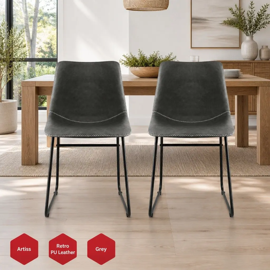 Retro Dining Chairs Set of 2 PU Leather Kitchen Lounge Accent Seating Grey