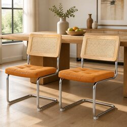 Dining Chairs Set of 2 PU Leather Rattan Cantilever Brown Kitchen Seating