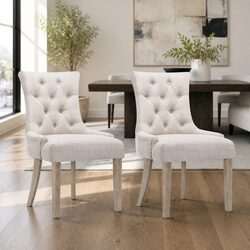 Dining Chairs Set of 2 French Provincial Tufted Button Beige Linen Seat