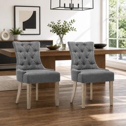 Dining Chairs Set of 2 French Provincial Linen Upholstered with Tufted Button