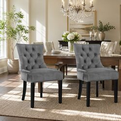 Dining Chairs Set of 2 French Provincial Velvet Grey Tufted Button Design