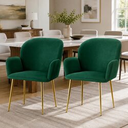 Dining Chairs Set of 2 Velvet Armchair Green Cushioned Back Support Steel Legs