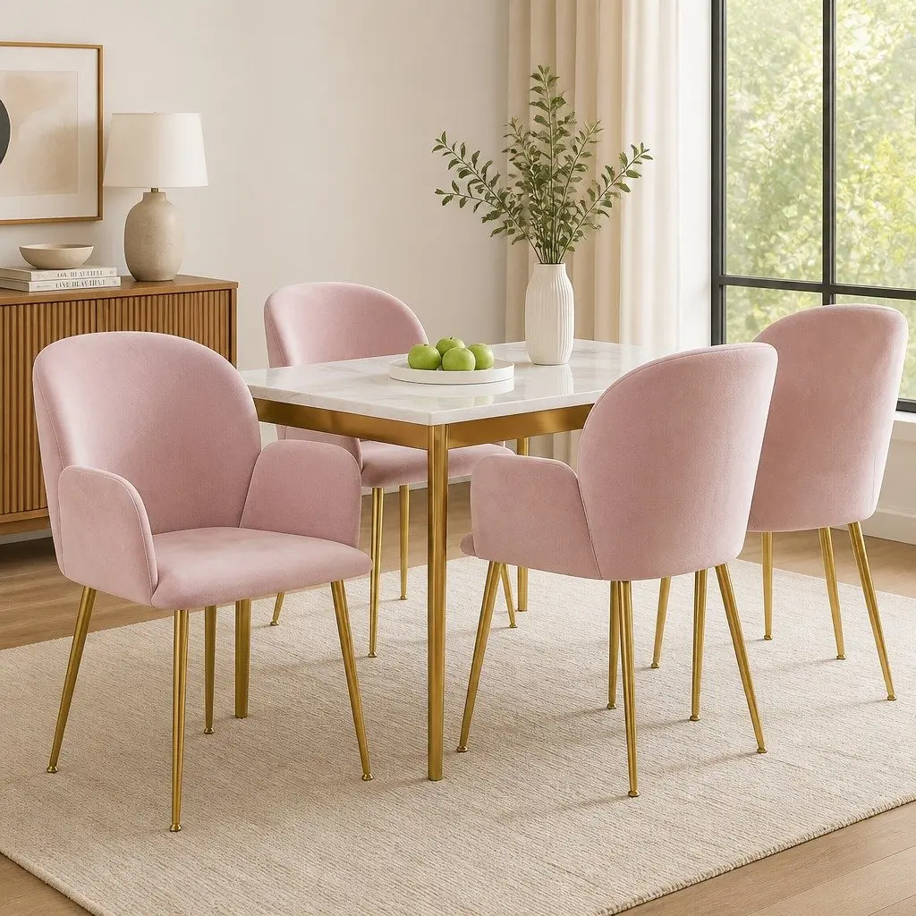 Dining Chairs Velvet Armchair Cushioned Back Set of 4 Pink