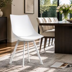 Dining Chairs Set of 2 White Plastic Steel Legs Cushioned Back Support Modern