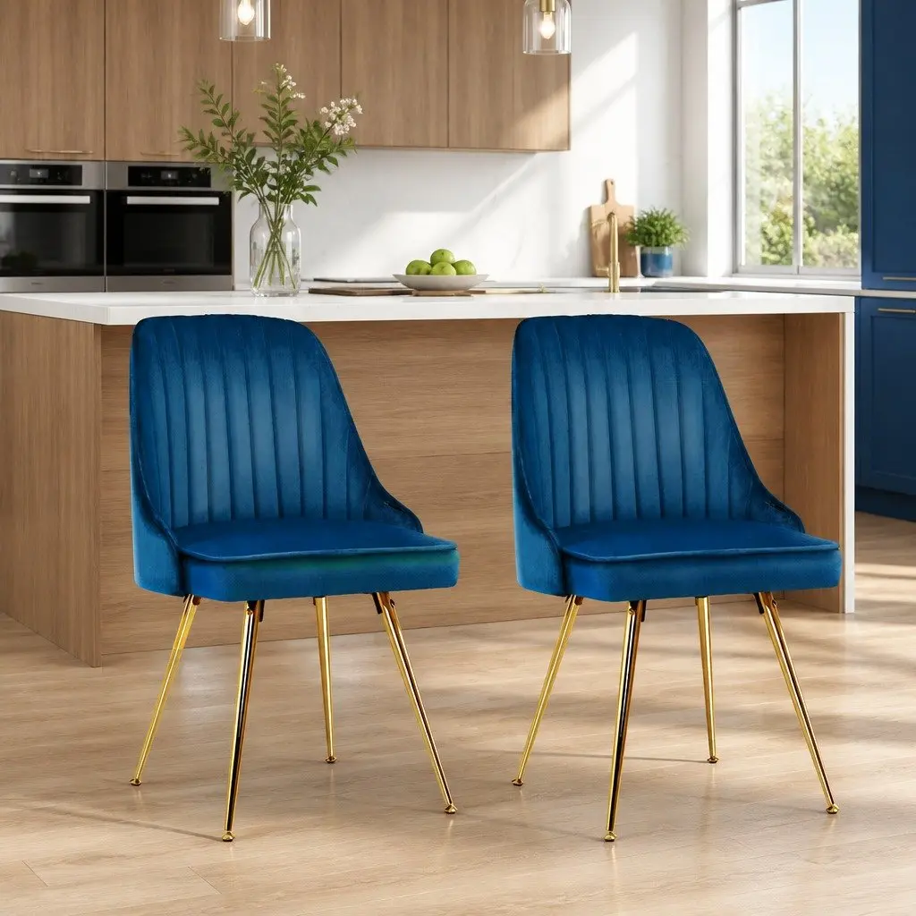 Dining Chairs Blue Velvet Channel Tufted 2 Piece with Metal Legs