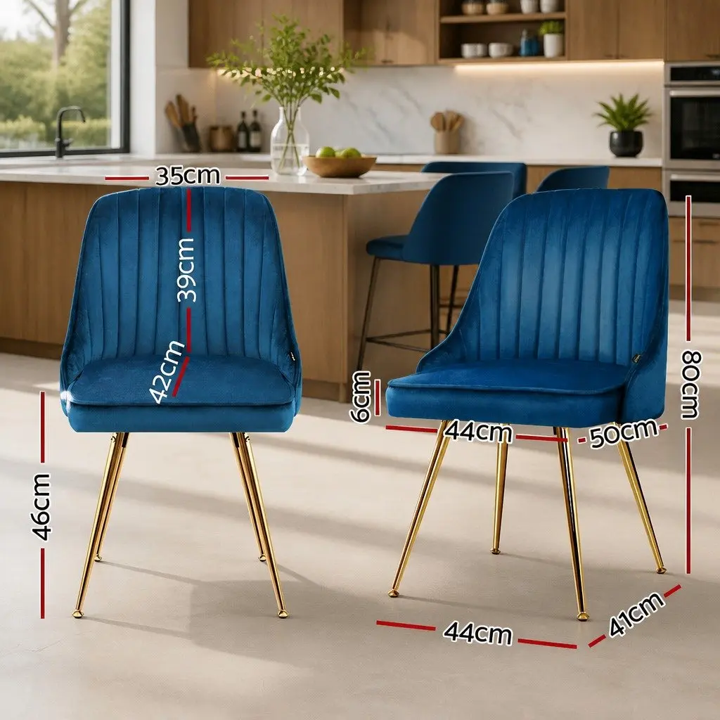 Dining Chairs Blue Velvet Channel Tufted 2 Piece with Metal Legs