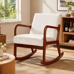 Rocking Armchair Lounge Chair Modern Scandinavian Style Beige Corduroy Cushioned