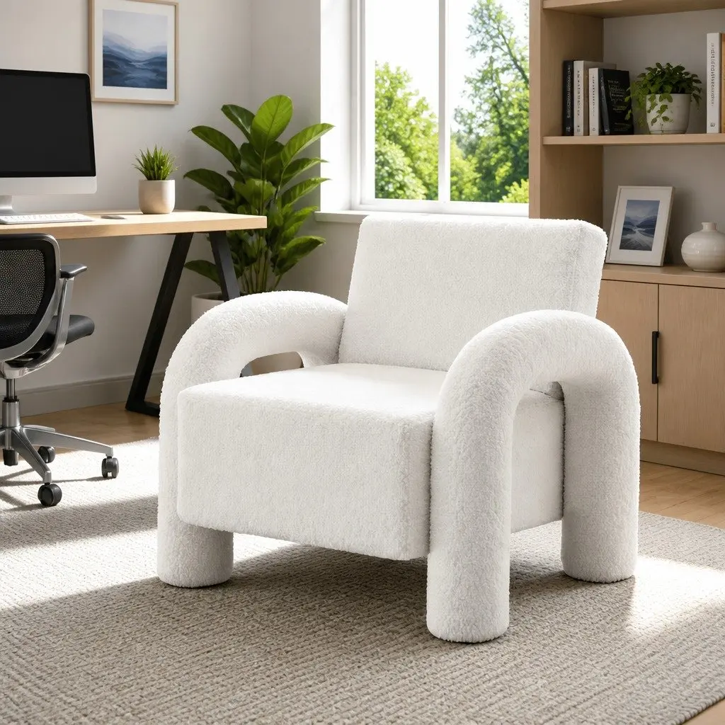 Armchair Accent Chair Boucle Upholstery Curved Seat Beige Living Room Furniture