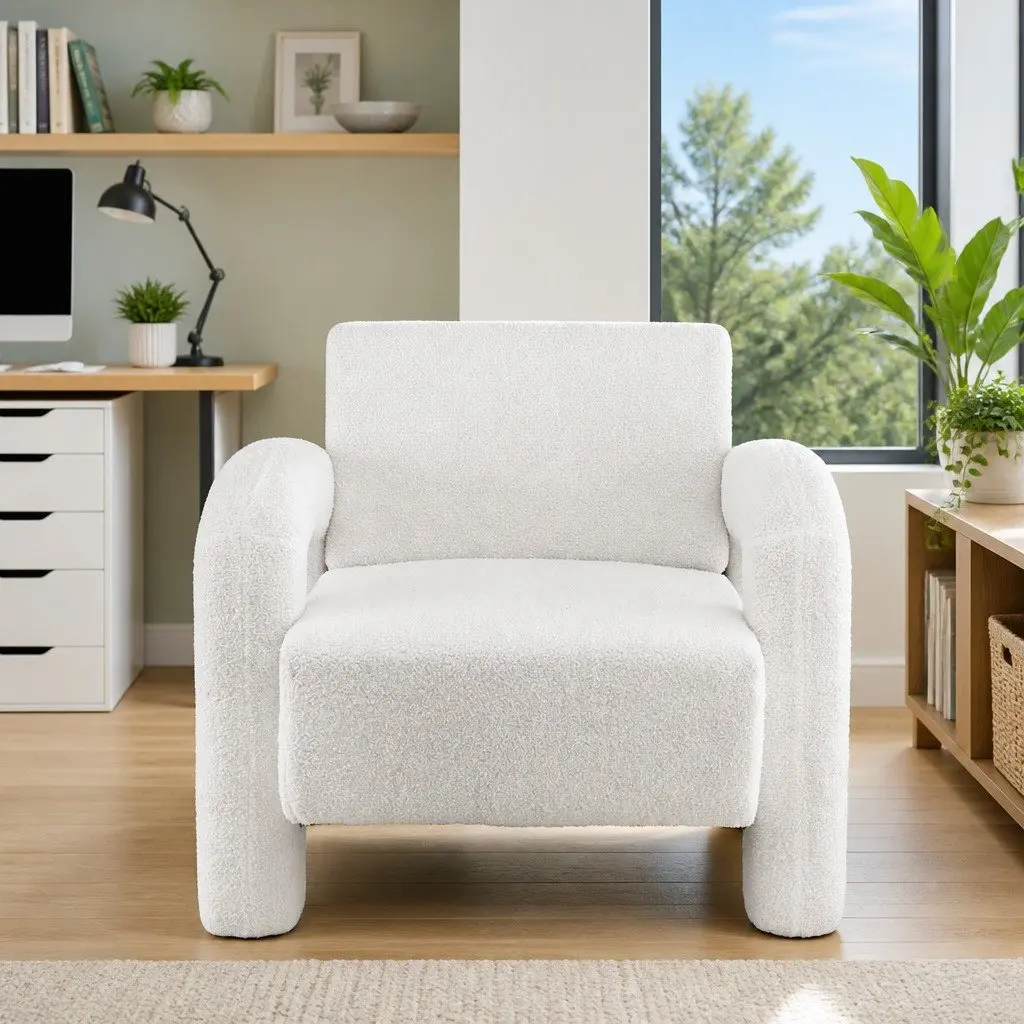 Armchair Accent Chair Boucle Upholstery Curved Seat Beige Living Room Furniture