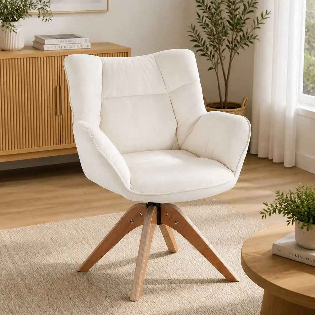 Swivel Armchair 360 Degree Rotate White Velvet Upholstered Accent Furniture