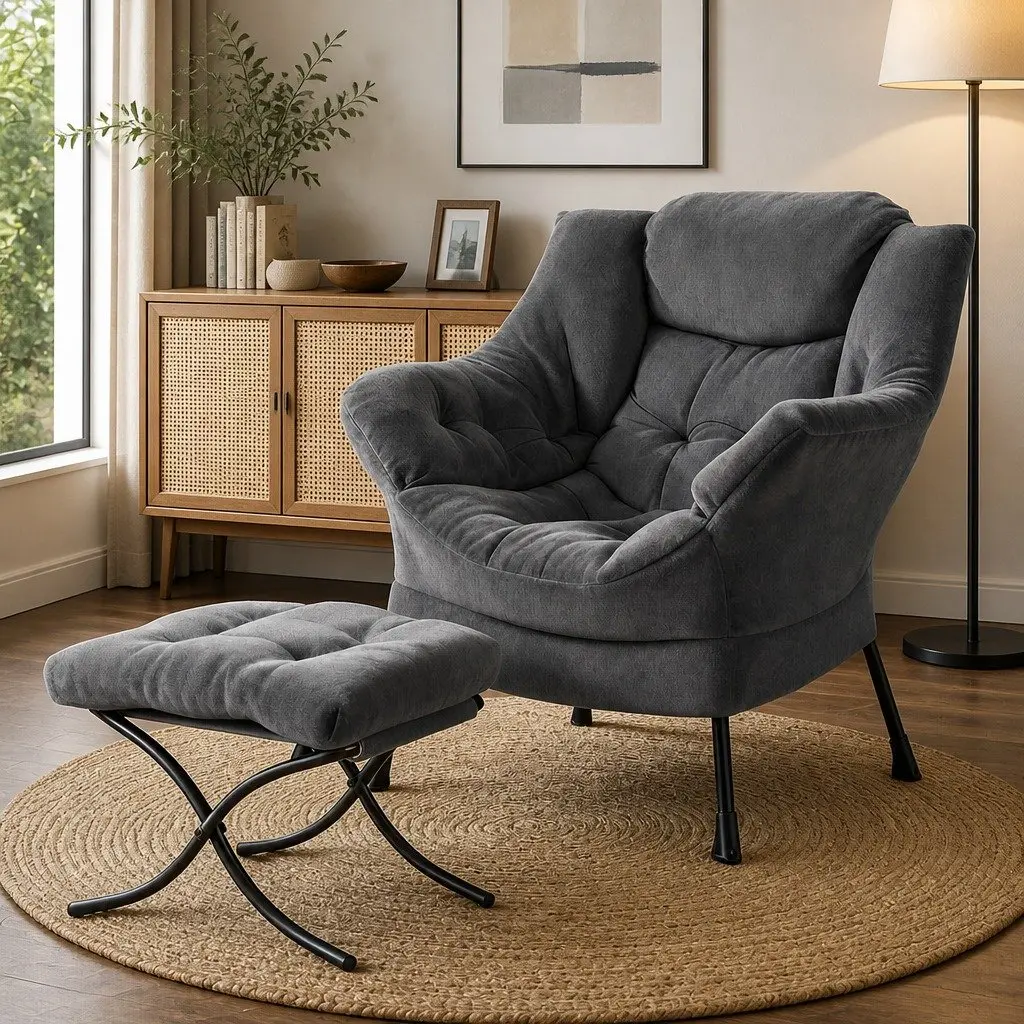 Velvet Accent Armchair with Ottoman Footrest Grey Lounge Chair Head Pillow