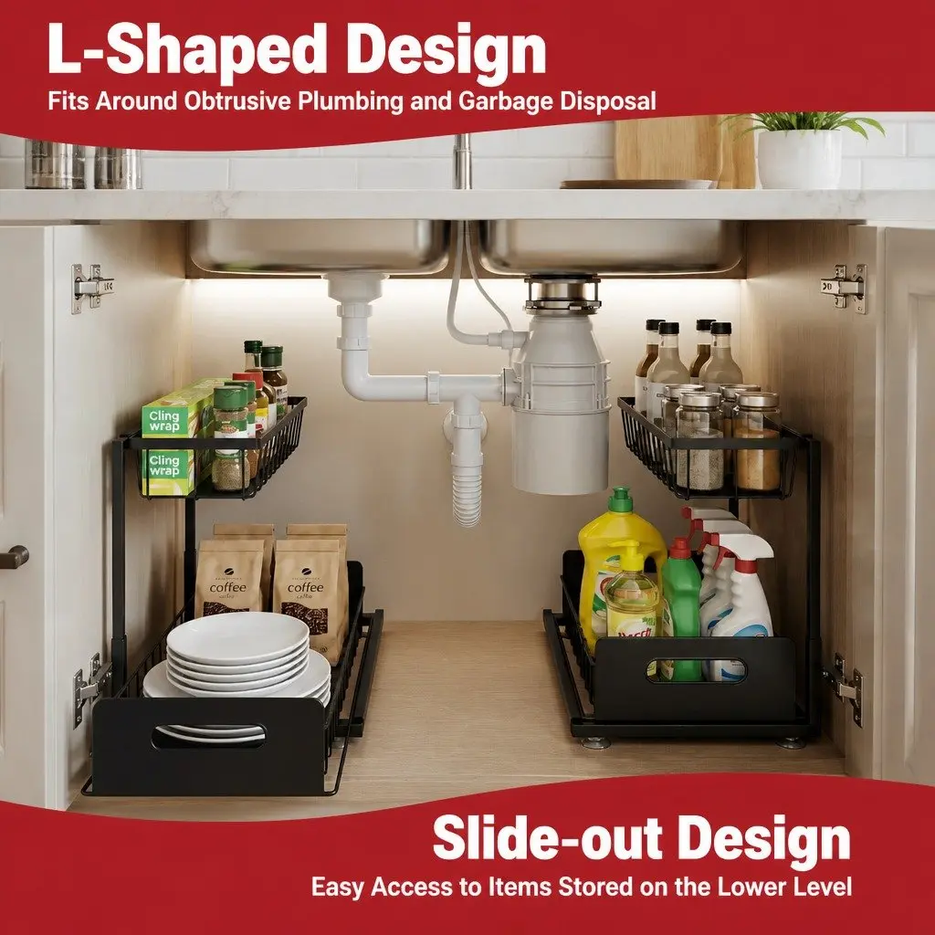 Under Sink Organizer Storage L Shape Pull Out Drawers Kitchen Bathroom Cabinet