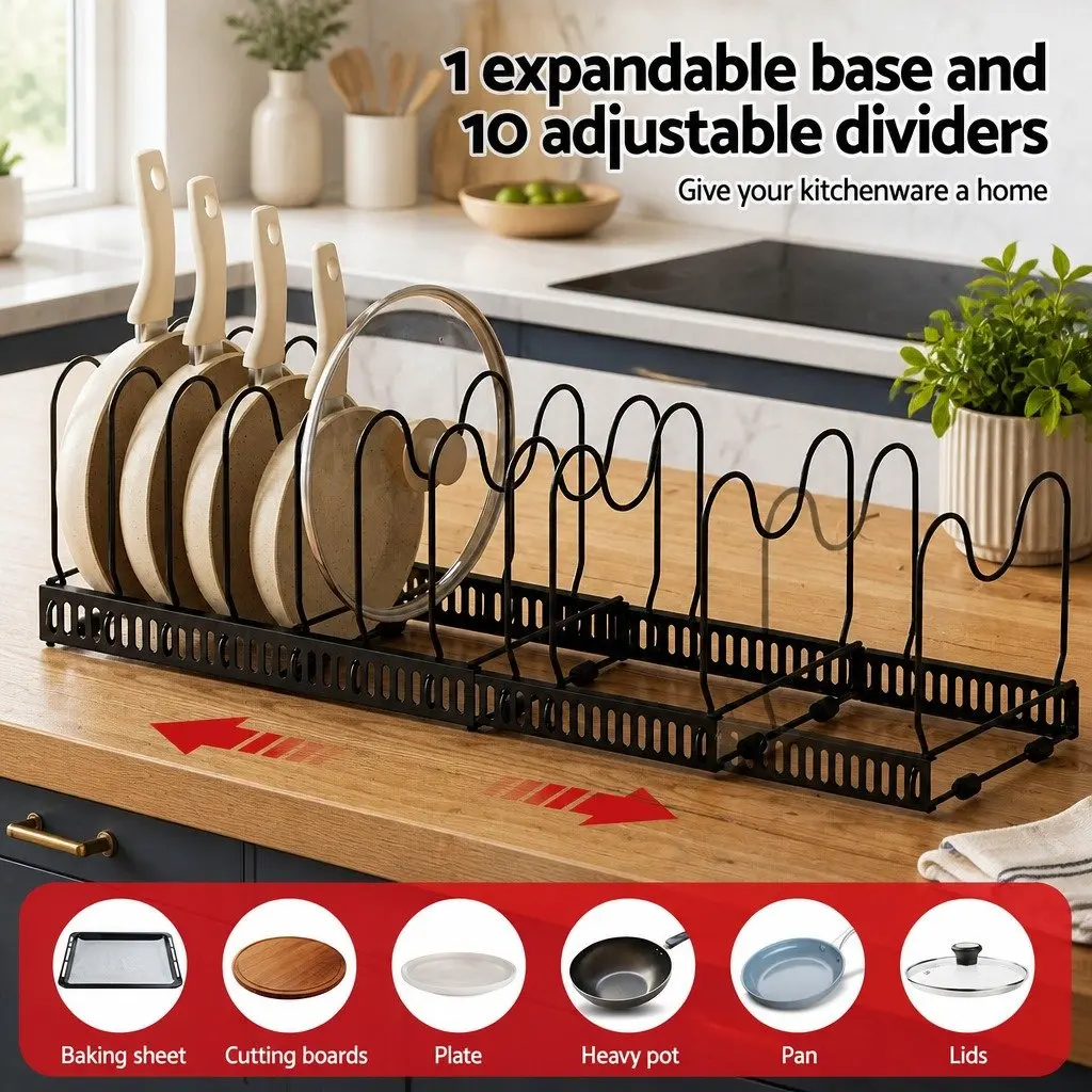 Expandable Pots and Pans Organizer Rack Adjustable Base 10 Dividers Black Iron