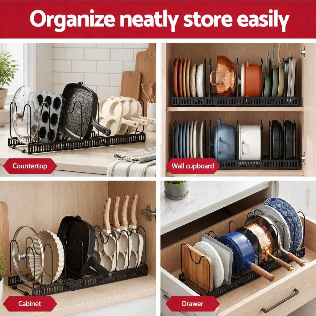 Expandable Pots and Pans Organizer Rack Adjustable Base 10 Dividers Black Iron