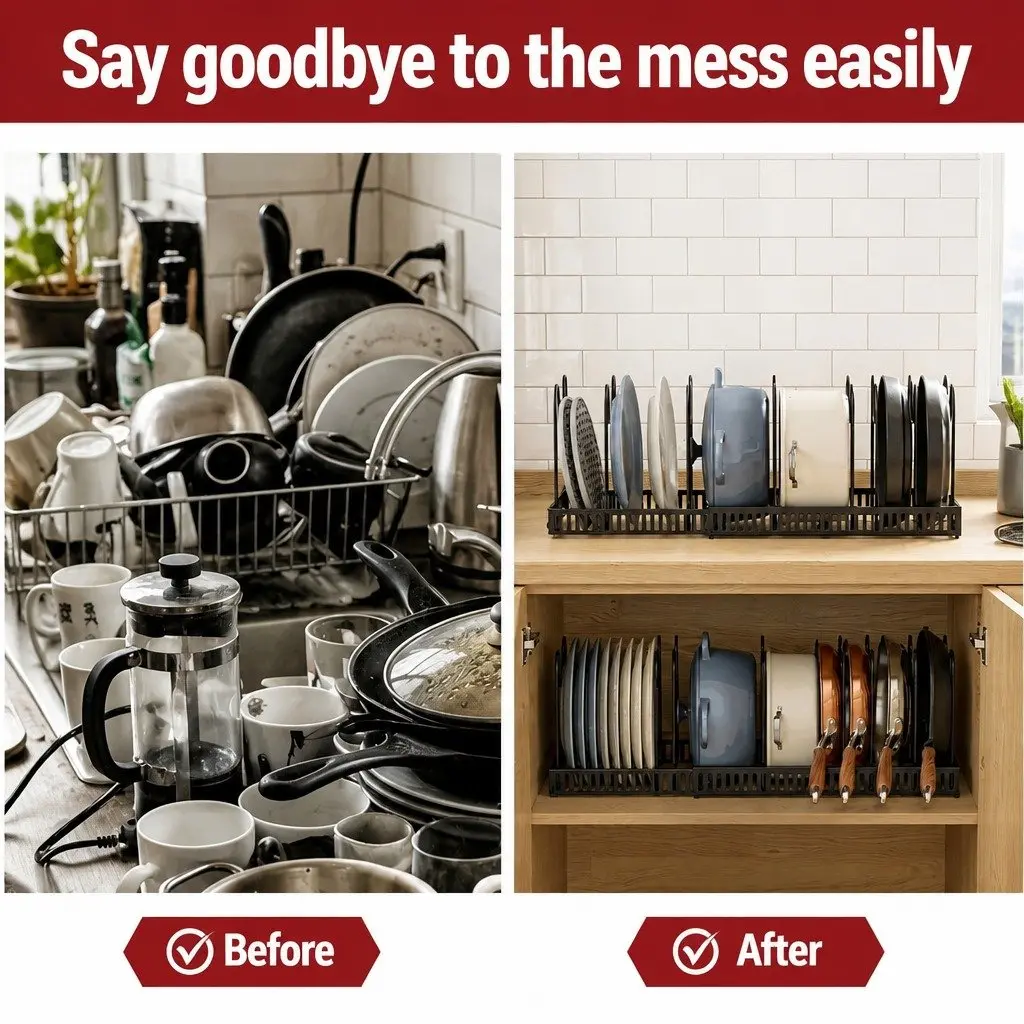 Expandable Pots and Pans Organizer Rack Adjustable Base 10 Dividers Black Iron