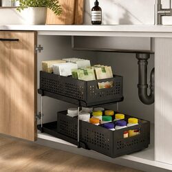 Under Sink Organizer 2 Tier Pull Out Drawer Removable Baskets Divider Black