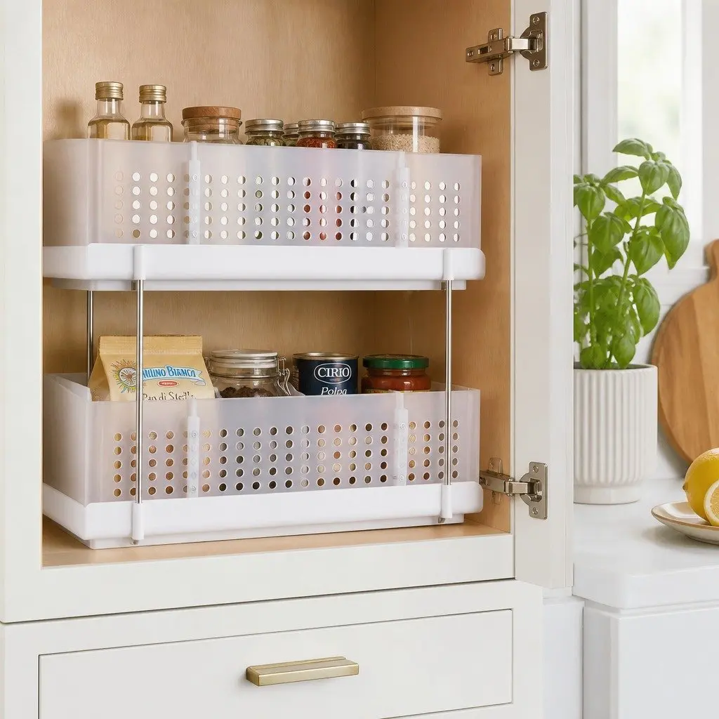 Under Sink Organizer 2 Tier Pull Out Drawer Removable Baskets Divider White