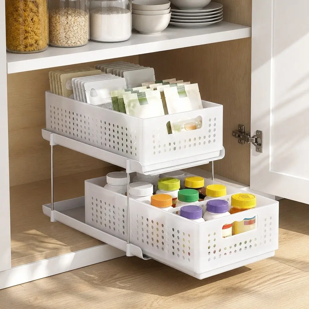 Under Sink Organizer 2 Tier Pull Out Drawer Removable Baskets Divider White
