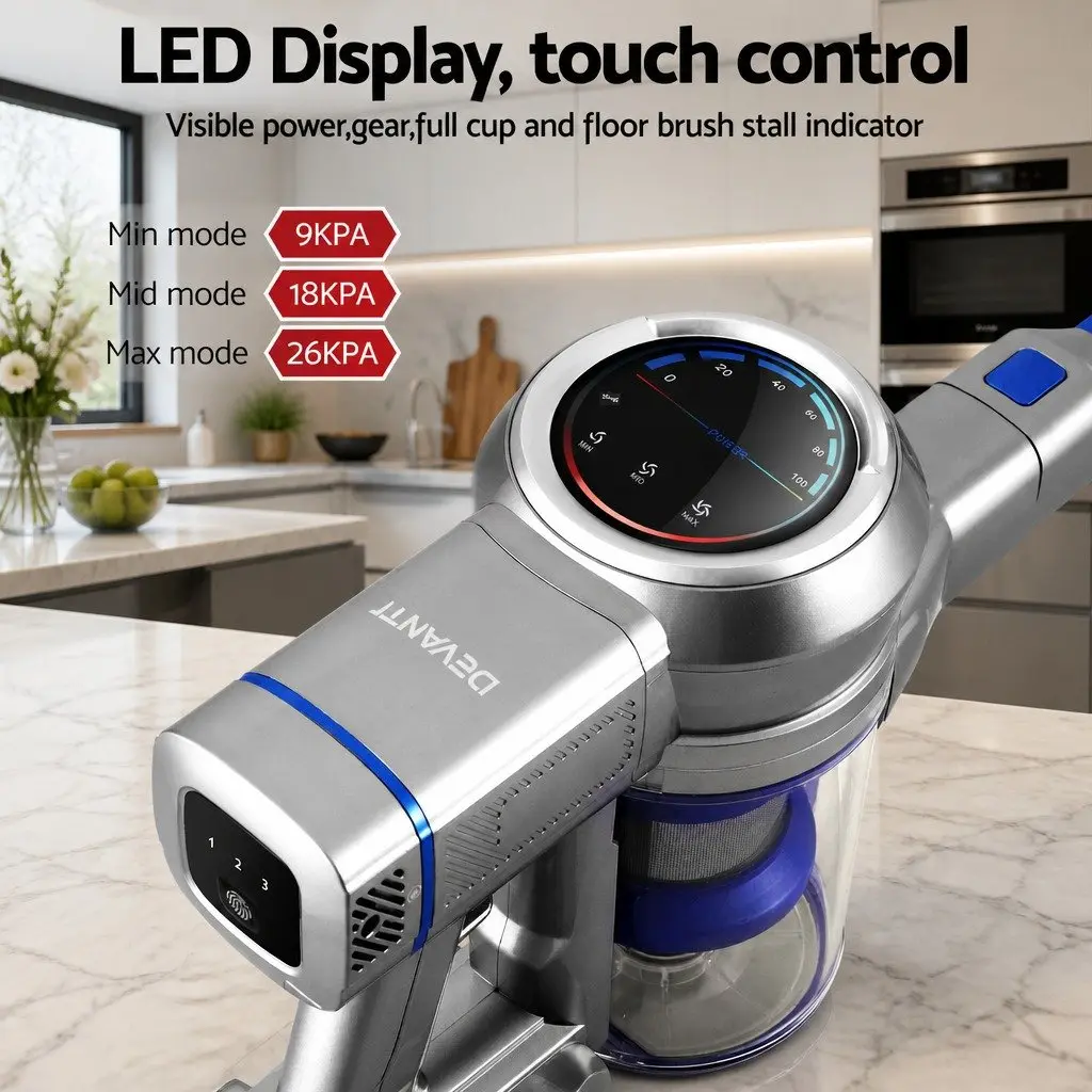 Cordless Stick Vacuum Cleaner 300W Brushless Motor LED Display Self-Standing Navy Blue