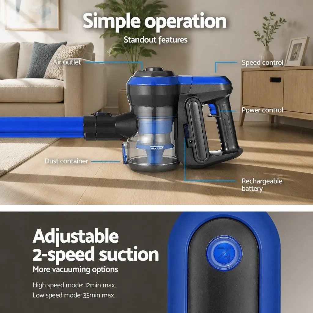 Stick Vacuum Cleaner Cordless Brushless 250W HEPA Filter Lightweight Blue