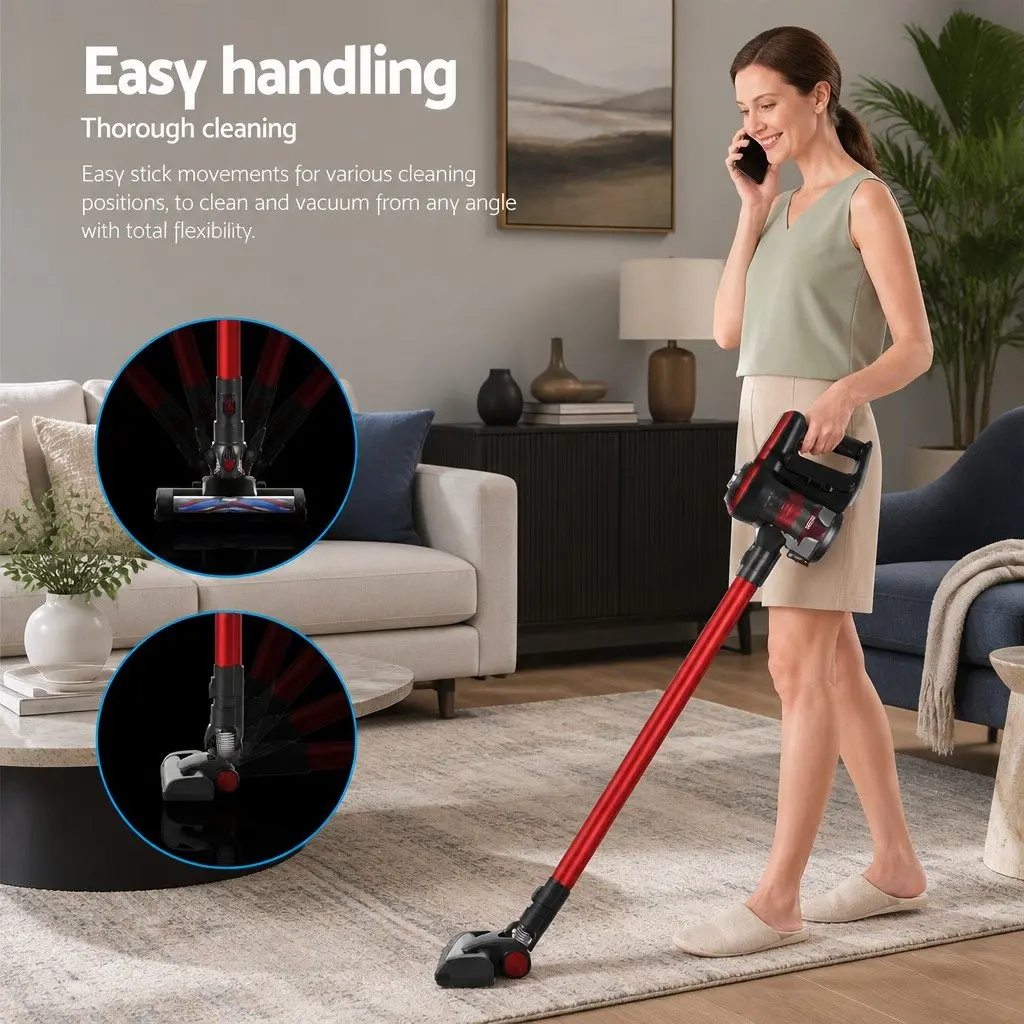 Cordless Stick Vacuum Cleaner Brushless 250W Lightweight Red with HEPA Filter