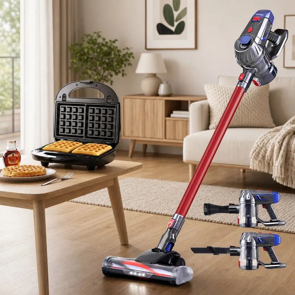 Cordless Stick Vacuum Cleaner with 10000Pa Suction Power and 35 Minutes Runtime and 3-in-1 Sandwich Maker with 850W Heating Red Silver Black