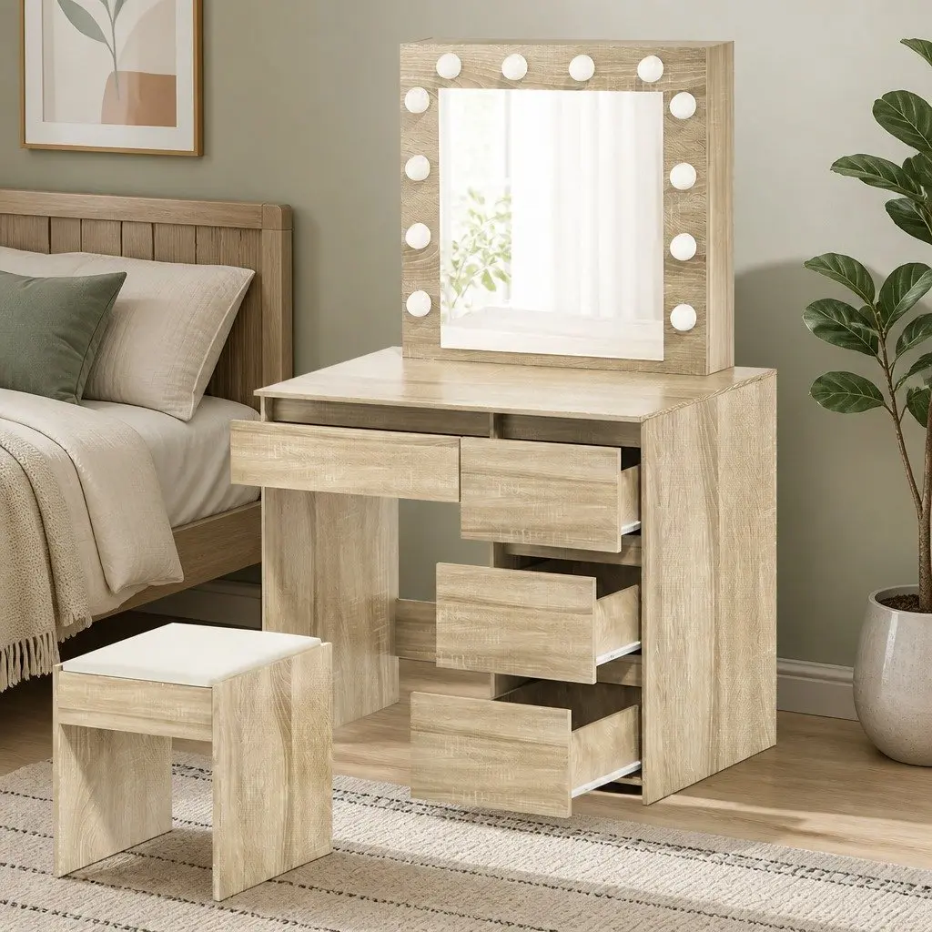 Dressing Table Vanity Set with LED Mirror Stool Makeup Bedroom Furniture Storage