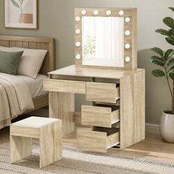 Dressing Table Vanity Set with LED Mirror Stool Makeup Bedroom Furniture Storage