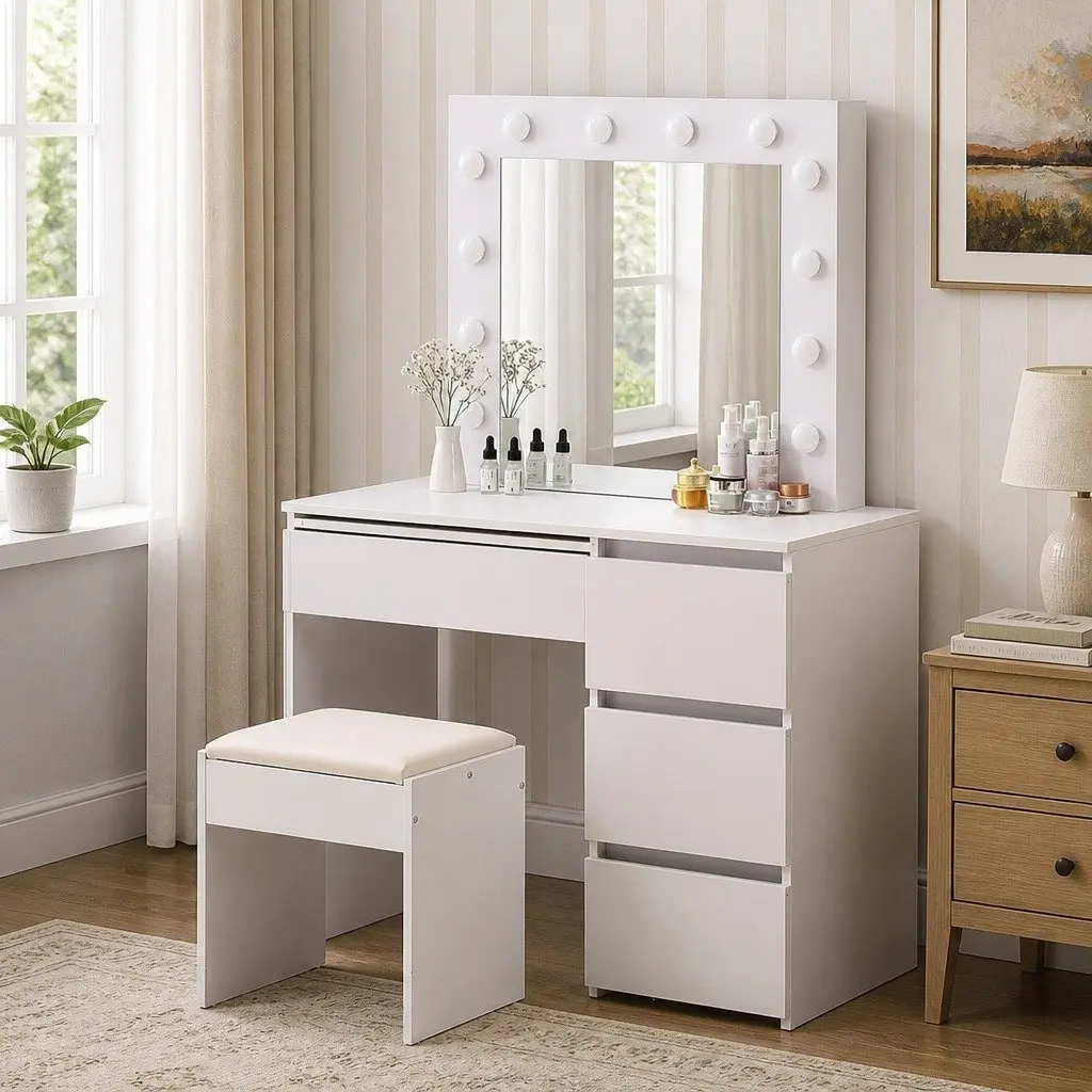 Dressing Table Vanity Set with LED Mirror and Storage White