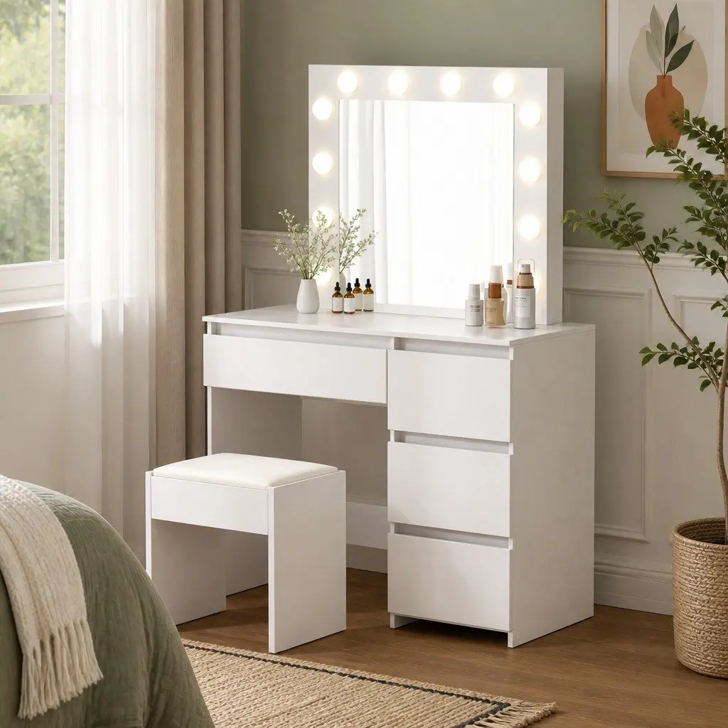 Dressing Table Vanity Set with LED Mirror and Storage White