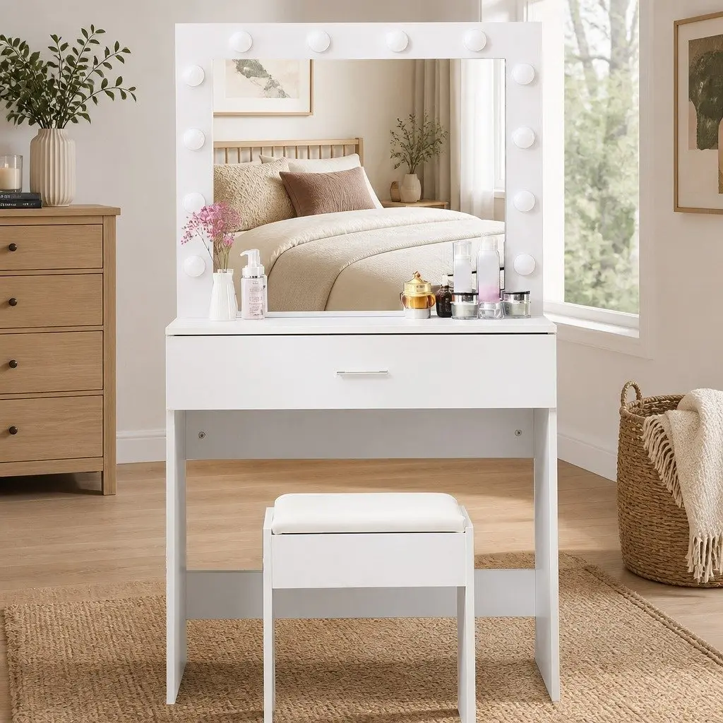 Dressing Table Set LED Mirror Adjustable Brightness Storage Drawers White