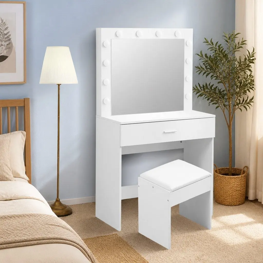 Dressing Table Set LED Mirror Adjustable Brightness Storage Drawers White