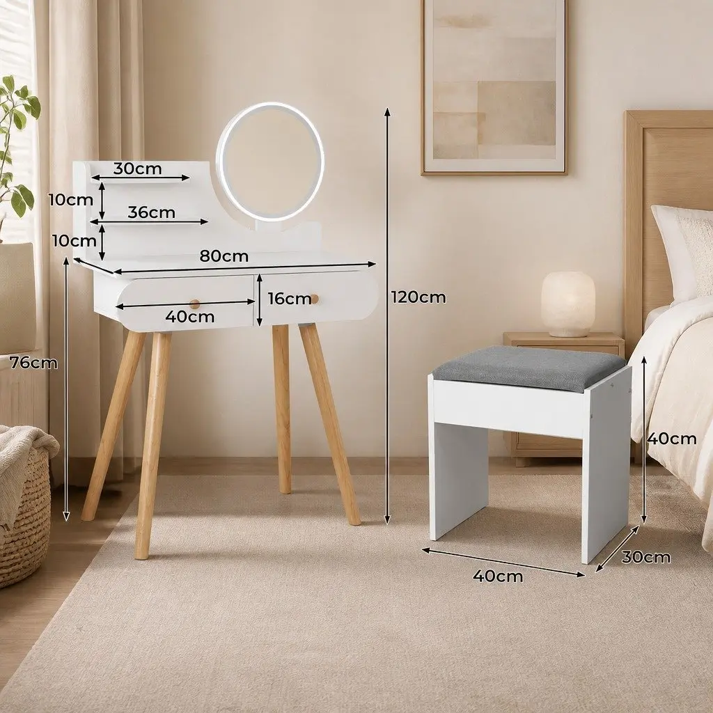 Dressing Table with LED Mirror 2 Drawers Shelves White
