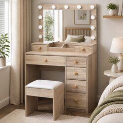 Dressing Table Stool Set LED Mirror Makeup Vanity Oak Drawer Storage Bedroom