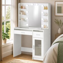 Vanity Desk Makeup Mirror Dressing Table with LED Lights Storage Drawers Shelves