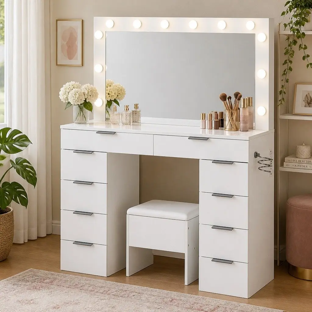 Dressing Table LED Makeup Mirror Set with 10 Drawers and Padded Stool in Matte White