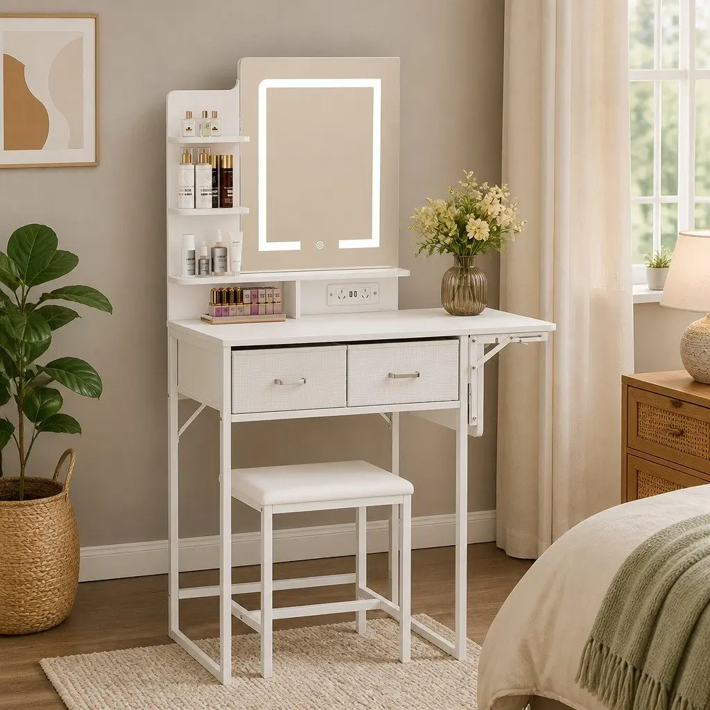 Dressing Table LED Makeup Mirror Vanity Desk Foldable Panel Storage Stool Set White